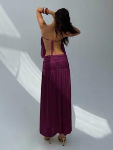 Aloruh 女士新款纯色露肩连衣裙，夏季服装，带褶饰设计的露背连衣裙，伞状下摆长裙，透视连衣裙 - 紫紅色 - 查看 9