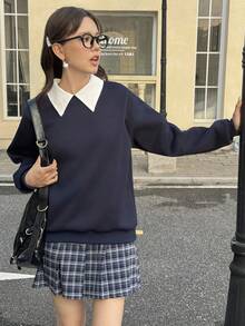 SHEIN 2pcs/Set White Collar Navy Sweatshirt + Plaid Pleated Mini Skirt Outfit Fall Winter