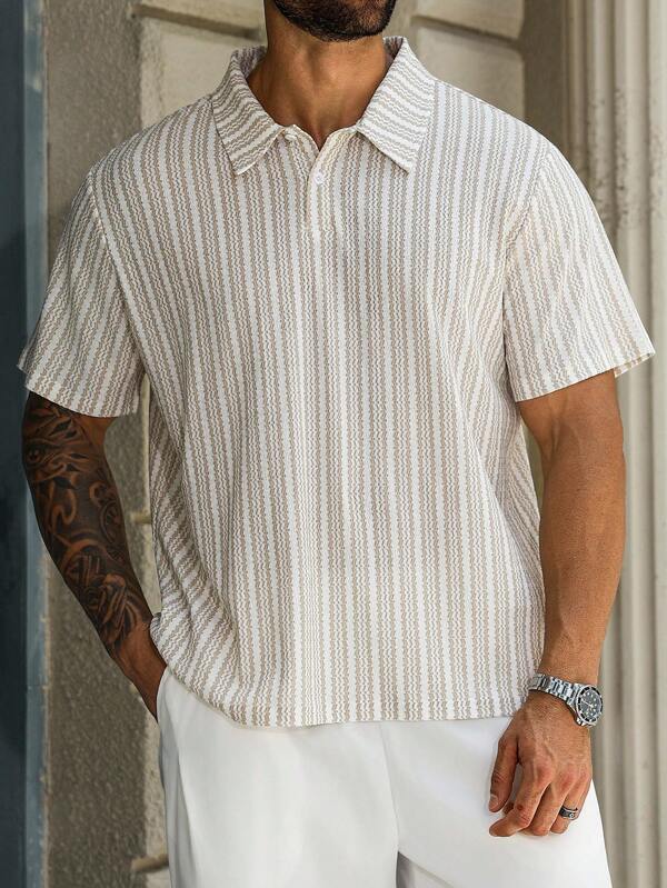 Manfinity Homme Plus Size Men's Striped Print Casual Short Sleeve Polo Shirt