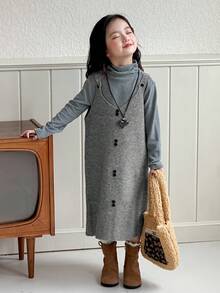 DAZY Young Girl Solid Color V-Neck Sleeveless Korean Style Layered Knit Dress Fall, Winter - Grey - View 3