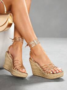 CUCCOO SZL Women's Fashion Champagne Color Thin Strap Combination Lace-Up Jute Rope Bottom Wedge Sandals, Suitable For Commuting, Dating, Party, Holiday, And Vacation