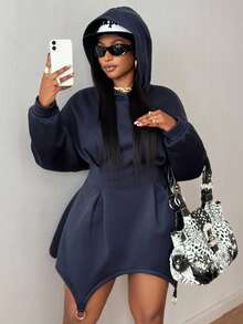 Maweii Women's Casual Elegant Hooded Sweatshirt With A Wavy Hem And Metal Ring Detail, Gray-Blue Plus Size, Suitable For Everyday Wear, Holiday, Christmas, New Year's, Valentine's Day, Sexy, Autumn/Summer, Patterned. - Blue - View 6