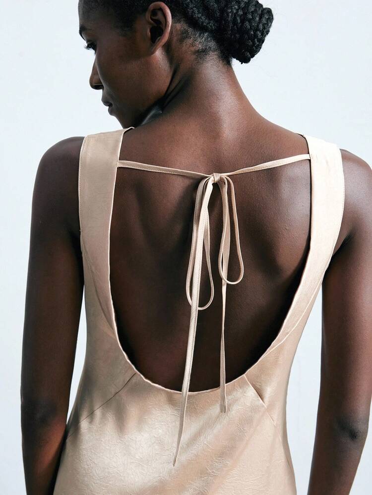 SHEIN Maija Elegant Backless Tie-Up Sleeveless Long Dress For Women Wedding Guest Dress Women Satin Midi Dress Silk Dress Nude Dress Flowy Dress Wedding Guest Dress Elegant Modern Urban Casual Fashion Business Casual Women's Office Wear Low-Key Old Money Style Effortless Temperament High-End Urban Commuting High-Quality Airport Women's Wear High-End Material High-End, Elegant, Old-Fashioned Cruise Clothing