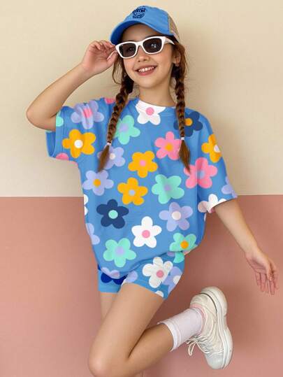 SHEIN 2pcs Tween Girl Casual Loose Short Sleeve T-Shirt And Leggings Set, Suitable For Summer Flower Shirt Girls Tween Tops Flower Summer Shirts Teen Girl Girls Floral Shirt Teen Flower Shirt