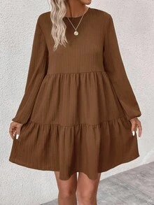 SHEIN LUNE Women's Casual Solid Color Pleated Mini Dress Fall Cloth For Women - Brown - View 3