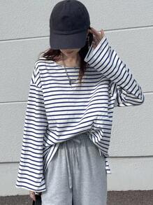 FRIFUL 女式超大圆领落肩长袖条纹休闲T恤，百搭秋季 - 藍色 - 查看 5
