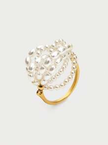 Opalesca 1pc Pearl/Mother Of Pearl Textured, Metallic/Metallic Finish, Beaded Ring, Elegant, Cute, Luxury, Suitable For Party, Casual, Work, Wedding, Holiday, Vacation, Camping, Y2K, For Mom, Women, Girl, Fall, Autumn, Winter, Festival, Holiday, Vacation, Old Money, Halloween,For Mom/Women/Girl/Mother,Fall/Autumn/Winter,Outfits,Old Money,Premium,Pearl,Elegant,Fairycore/Fairy - Gold - View 2