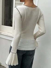 Siren Gaze Women's Casual Commuter Flare Sleeve Contrast Stitch Fitted T-Shirt, Elegant White Long Sleeve Top,Going Out Top, Country Concert,Autumn/Winter - Apricot - View 2