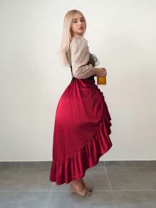 Sweetina Women's Oktoberfest Suede Eyelet Lace-Up Long Sleeve Shirt Layered With Ruched A-Line Asymmetrical Hem Flounce Hem Dress - Red and Black - View 5