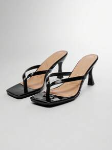 SHUZIA Women Comfortable Kitten Heel Square Toe Thong Heeled Sandals For Christmas - Black - View 4