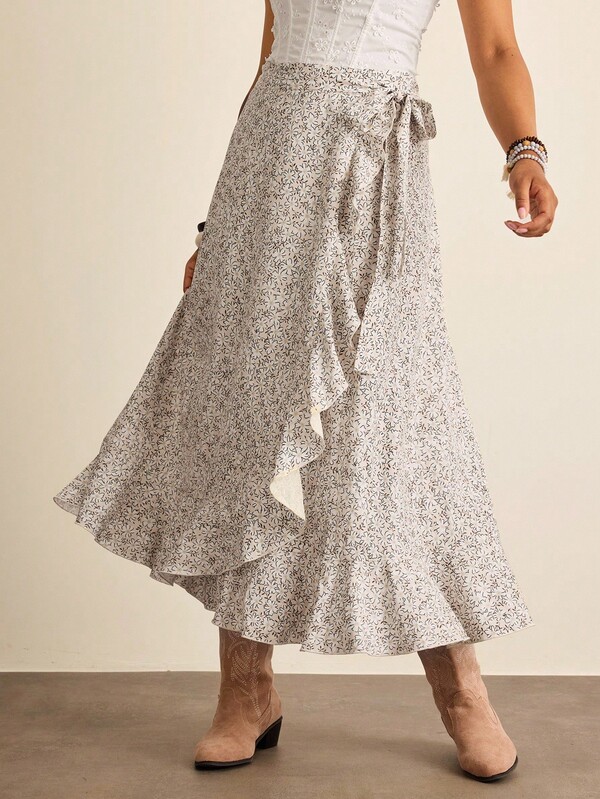 SHEIN VCAY 大码女式休闲百搭荷叶边下摆系带腰裙