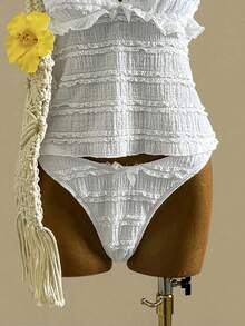 Swim Mod New Elegant Cute Bow Adjustable Strap Ruffle Hem Women's White Party Top And Bow High Cut White Women's Camisole Bikini Top