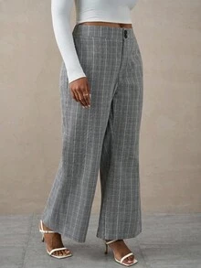 SHEIN Tall CURVE Quần ống rộng thiết kế nút đơn giản dành cho nữ cỡ lớn - Xám - Xem 3