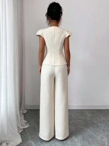 Modelyn 女士秋季套装，粗花呢圆领收腰蝴蝶结杏色纽扣上衣和直筒裤，两件套，适合外出和约会 - 杏色 - 查看 2