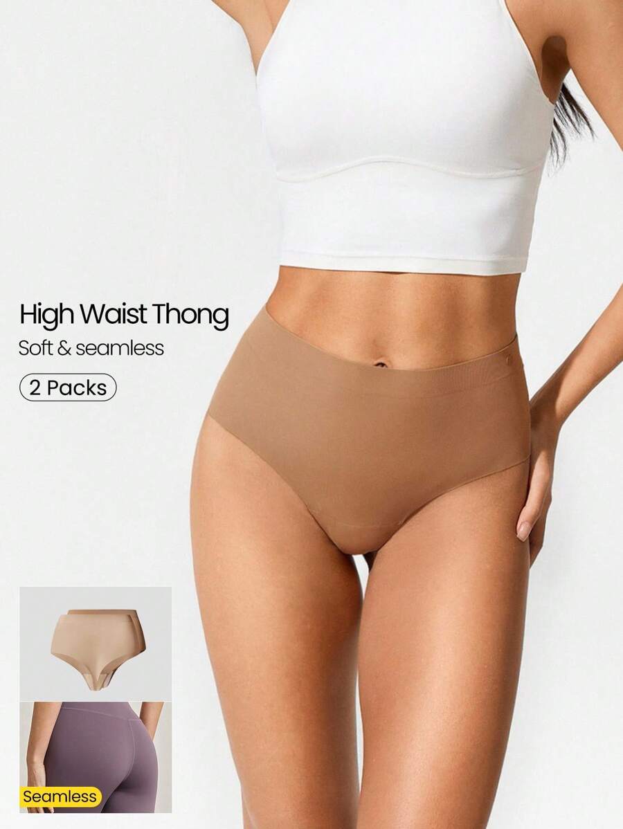 GLOWMODE 2 Packs Lightweight Breathable Sweat-Wicking High-Rise Waist Seamless No-Show Thong Underwear Daily Casual Workout - Multicolor - View 1