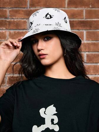 Astro Boy X ROMWE Letter Graphic Fashionable Reversible White Bucket Hat