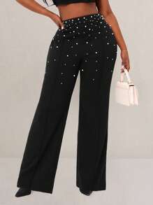 SHEIN SXY Plus Size Women's Fall & Winter,Spring&Summer Elegant Hand-Sewn Artificial Pearls Straight Leg Suit Pants,Suitable For Office Pearl Pants Plus Size Pearl Pants Pearl Embellished Pants Black Pants With Pearls Women Dress Pants With Pearls