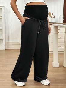 Adjustable Waist Pregnant Women Pockets Wide Leg Loose Casual Pants - Black - View 3