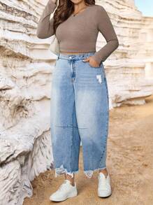 SHEIN Tall CURVE Plus Size Fall Autumn Back To School Homecoming Halloween Y2k Cute Streetwear Goth Grunge Techno Birthday Night Out Going Out Club Airport Casual Washed Distressed Jeans Women's Light Blue Jeans Low Waist Banana Pants Casual, Going Out Casual Non,Stretch American Streetwear Denim Blue Jeans, All Season