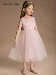 Glamorique Kids 圣诞节儿童礼服，派对服，圣诞老人礼服，新年礼服，花童圣诞儿童万圣节儿童舞会礼服连衣裙女童公主裙粉色缎面白色粉网眼泡泡袖连衣裙后裙大蝴蝶结连衣裙舞台郊游礼服秋季连衣裙钢琴表演中东婚纱儿童生日礼服婚礼嘉宾礼服四季礼服连衣裙 - 粉色 - 查看 6