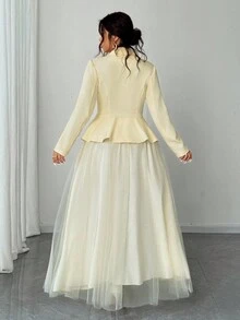 Elenzga Damen Große Größen Elegantes Lässig Figurbetontes 3D Blumen Top & drapierter Rock 2 Stücke Set - Gelb - Übersicht 3