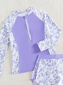 Tween Girl Zipper Printed Patchwork Long Sleeve Swimwear And Swim Shorts Summer Holiday