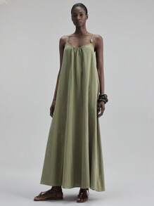 Ontre 秋季细肩带宽下摆连衣裙，带串珠装饰，休闲都市商务度假海滩度假音乐节优雅女士连衣裙 - 軍綠色 - 查看 6