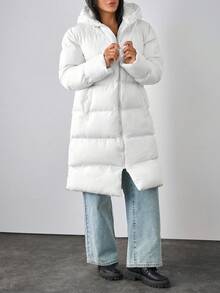 EURMUSE Damska długa biała kurtka puchowa z kapturem, swobodna odzież wierzchnia zapinana na zamek błyskawiczny - Biały - Zobacz 3