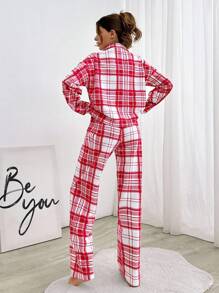 EURMUSE 2Pcs Cotton Button Front Plaid Pattern Pajama Set, Suitable For Christmas - Red and White - View 2