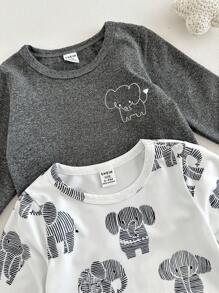 SHEIN 4pcs Baby Boy Casual Cute Elephant Print Long Sleeve T-Shirt And Pants Set, Comfortable And Versatile For Autumn/Winter Wear Fall