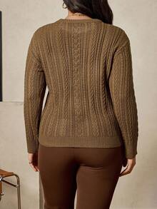 Zelara Plus Size Chocolate Brown Crew Neck Sweater,Autumn Smart Casual Cozy Cable Knit Top For Women,School Back-To-School Winter Business Casual Outfits - Mocha Brown - View 8
