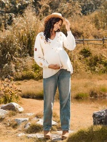 Boho Mama Floral Embroidery V-Neck Long Sleeve Tie Waist Casual Maternity Sweater