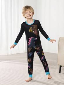 GODZILLAxKONG X SHEIN Young Boys' Cool & King Kong Cartoon Allover Print Contrast Color Block Crew Neck Top & Pants Snug Fit Ribbed Pajama Set Fall Winter