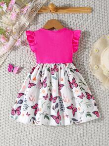 SHEIN Váy tay lửng in họa tiết khối màu đơn giản cho kỳ nghỉ của bé gái - Màu Hồng Tươi - Xem 2