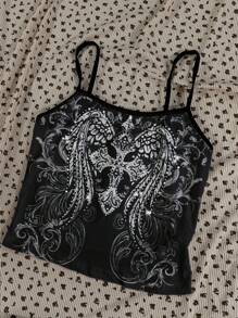 Attitoon 3 件套女士休闲复古朋克风格紧身衣套装，适合夏季，复古，绿色，骷髅和十字架印花