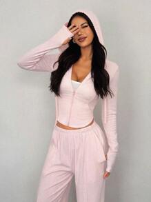 SHEIN PETITE 2pcs Women Pink Fresh Hooded Long Sleeve Top And Pants Set,Fall Women Clothes Two Piece Pants Set Long Sleeve Two Piece Set Casual Two Piece Set Tall Two Piece Set Hooded Two Piece Set - Pink - View 6