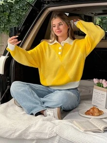 SHEIN Cozy Oversized Knit With Argyle Pattern And Polo Collar Charm Yellow Sweater Womens Sweater Button Up Sweater Yellow Cardigan Diamond Pattern Sweater,Jumper,Cream Jumper,Jumpers,Black Jumper,White Jumper,Women's Jumper,Women's Jumpers,Winter Clothes