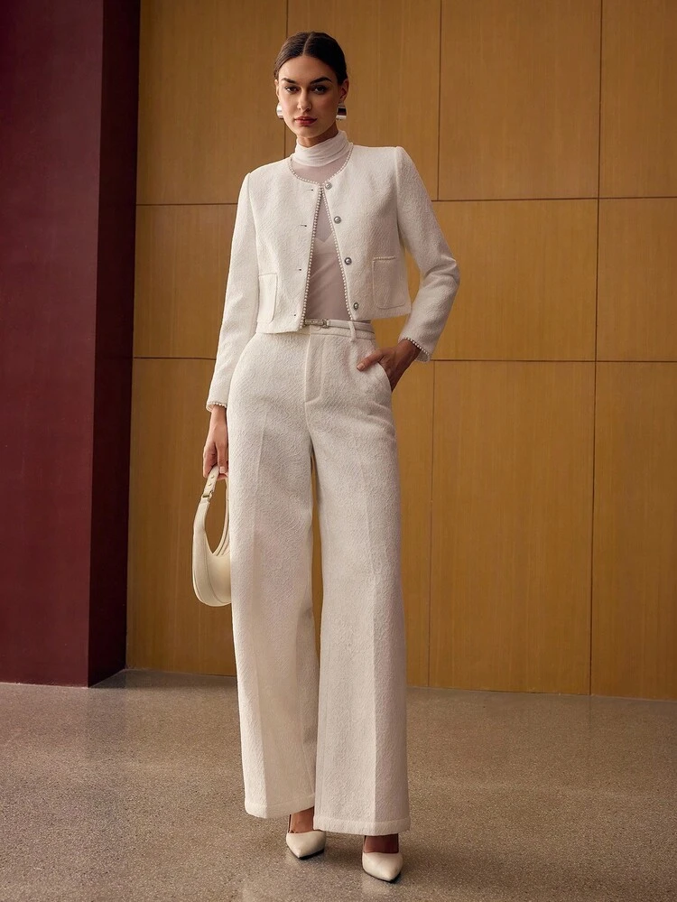 LACE FAUX PEARL TRIM BOXY JACKET