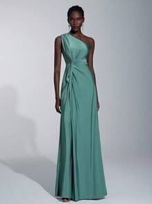 Elitara 女士浪漫优雅绿色弹力针织单肩扭褶收腰连衣裙，非常适合婚礼季、婚礼活动、返校季伴娘礼服