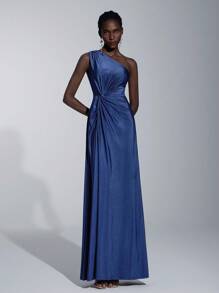 Elitara Women's Romantic And Elegant Stretch Knit One Shoulder Twisted Loose A-Line Bridesmaid Dress - Royal Blue - View 4