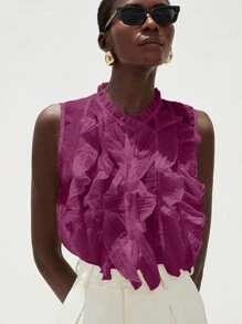 Aveloria Modichic 优雅浪漫百搭法式女式无袖衬衫，带有纹理褶皱、层叠荷叶边下摆和中式领子 - 紫色 - 查看 4
