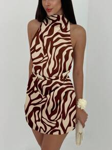 Aloruh 休闲性感风格优雅棕色抽象线条全印花图案女式休闲优雅露背挂脖系带迷你连衣裙，适合夏季、派对、海滩、复古 - 彩色 - 查看 5