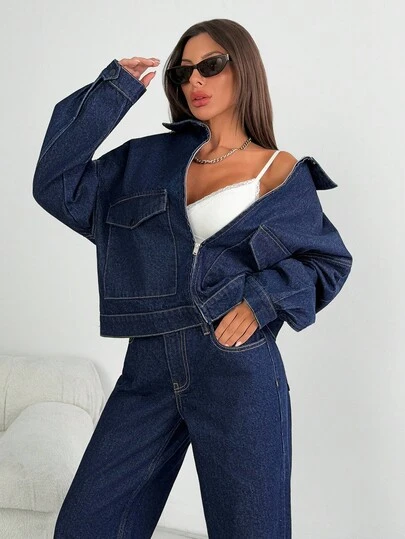 CasuGlow WOMEN Two Pieces OUTFIT DENIM JACKET AND WIDE LEG HIGH WAIST JEAN Denim Jacket And Jeans Set Womens Denim Two Piece Outfit 2 Piece Casual Set Women 2 Piece Denim Set Women Jean 2 Piece Set