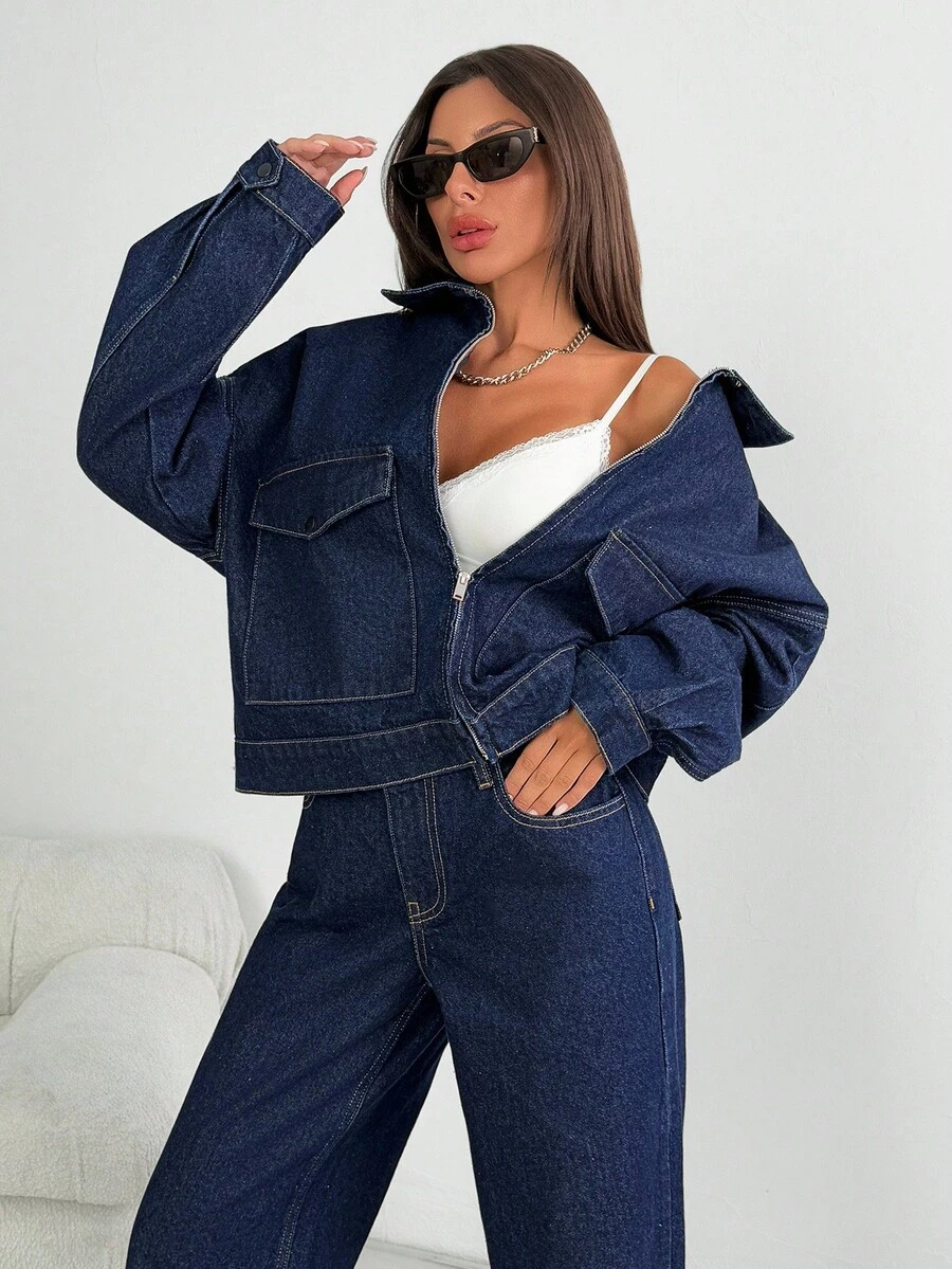 EURMUSE DWUCZĘŚCIOWY STRÓJ KOBIECY KURTKA DŻINSOWA I DŻINSY Z SZEROKĄ NOGAWKĄ I WYSOKIM STANEM