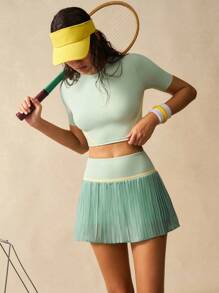 VARSIVA Women's Multicolor Knitted Colorblock Crop Sports Set With Round Neck And Short Sleeves Tennis Skirt Set Women Tennis Outfit 2 Pieces Workout Set Women Pleated Tennis Skirt Athletic Skirt Set