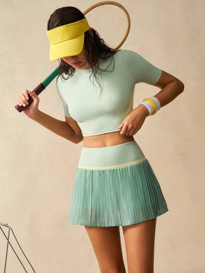 VARSIVA Women's Multicolor Knitted Colorblock Crop Sports Set With Round Neck And Short Sleeves Tennis Skirt Set Women Tennis Outfit 2 Pieces Workout Set Women Pleated Tennis Skirt Athletic Skirt Set