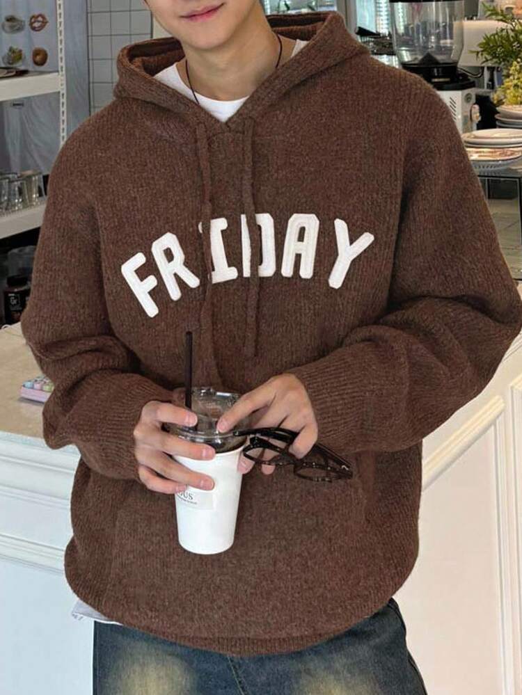 Men's Brown Applique Embroidery Hoodie Sweater, Autumn