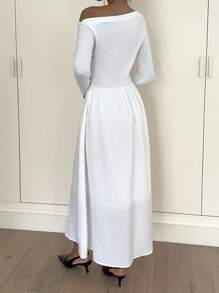 SHEIN EZwear Rochie lungă cu mânecă lungă, cu umeri oblici și pliuri, casual, pentru femei - alb - Vizualizare 2