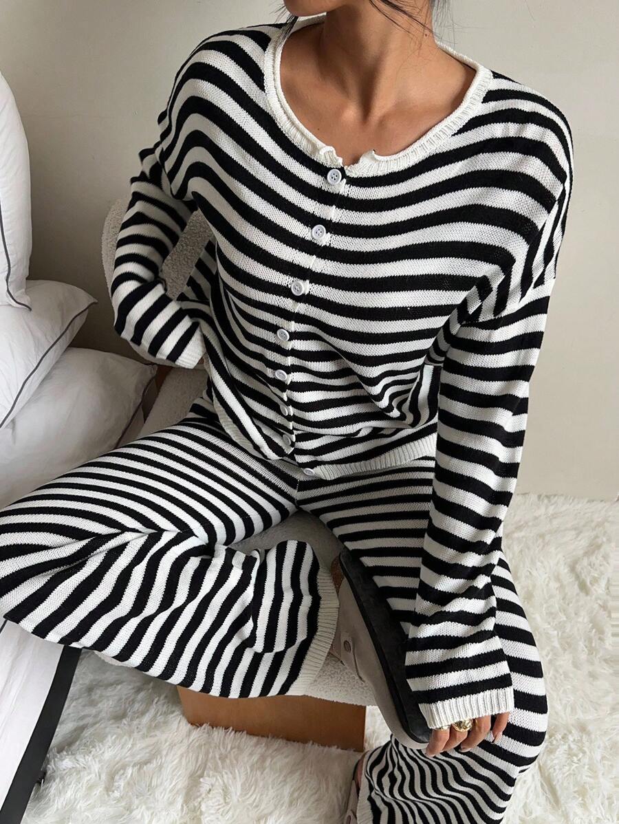 SHEIN EZwear Fall Women Clothes 2pcs Women's Black & White Striped Drop Shoulder Long Sleeve Cardigan And Knitted Long Pants Set Striped Two Piece Set Women Black And White Striped Two Piece Set Striped Cardigan And Pants Set - Black and White - View 1