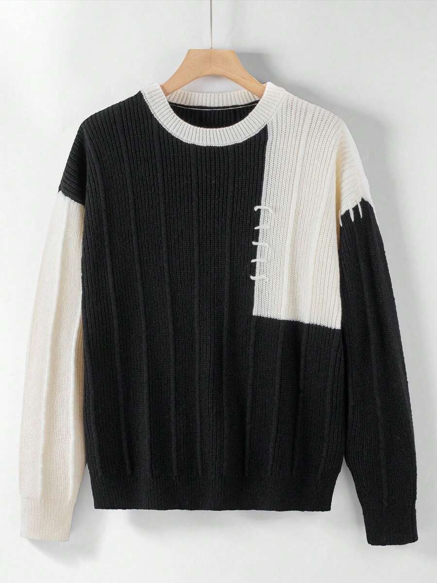 Manfinity Homme Áo len dệt kim chắp vá màu sắc thường ngày cho nam, Thu/Đông - màu đen - Xem 1